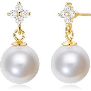 Mamelody 925 Silver Pearl Drop Earrings, CZ Studs, Gold Plated Bridal Jewelry